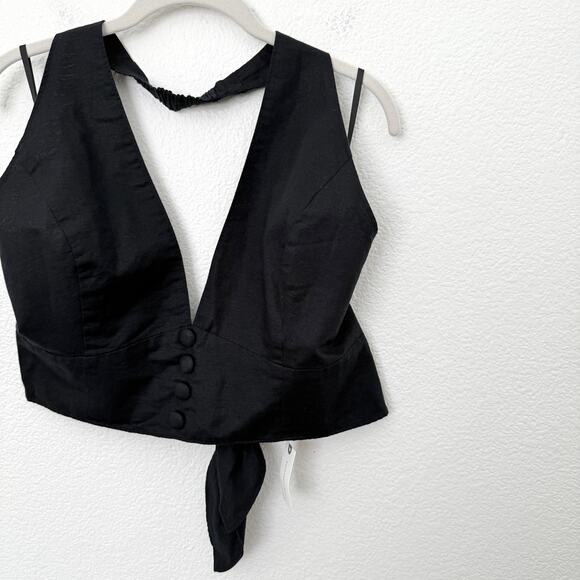 [Anthropologie] Black Linen Blend Retro V-Neck Halter Crop Tank NWT Size Large L - Picture 5 of 9